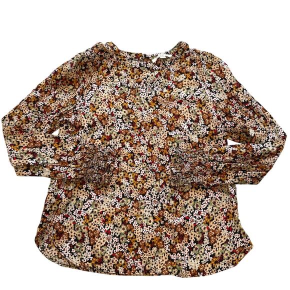 AnnTaylor LOFT Puffed Shoulder Floral Smocked Cuff Blouse Top Size X-Small Black - Picture 1 of 4
